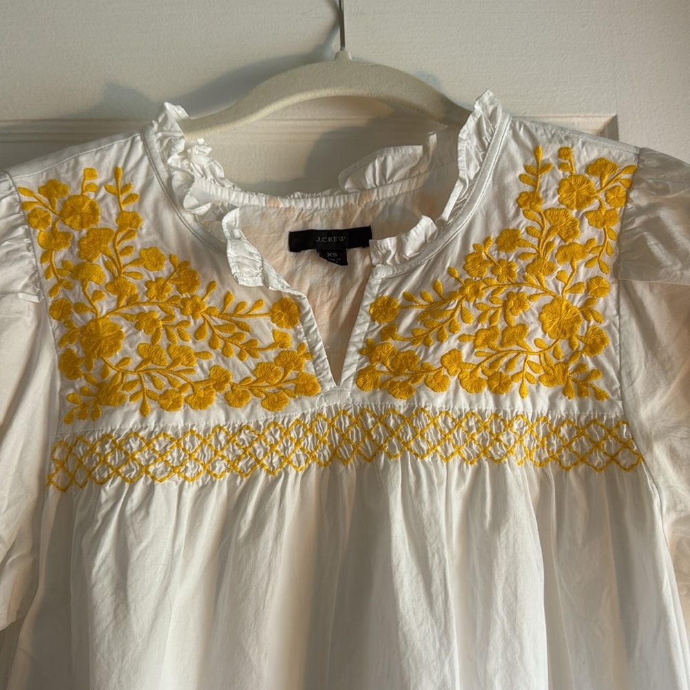 J. Crew White Short Sleeve Peasant Top with Yellow Floral Embroidery - Picture 2 of 4
